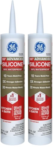 Image of GE Advanced Silicone Caulk for Kitchen & Bathroom, Clear, 10 fl oz Cartridge, 2 Pack - 100% Waterproof Silicone Sealant, 5X Stronger Adhesion, Shrink & Crack Proof