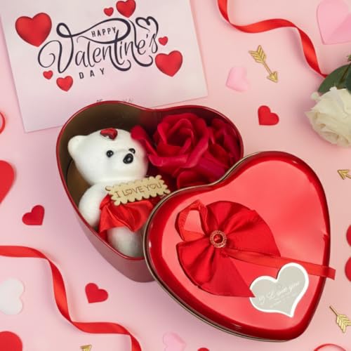 Image of Giftana Heart Shape Valentine's Day Gift Box with Teddy & 3 Artificial Roses, Reusable Keepsake Tin, Everlasting Romantic Gift, Multicolour, Heart Tin Box (Teddy and Roses)