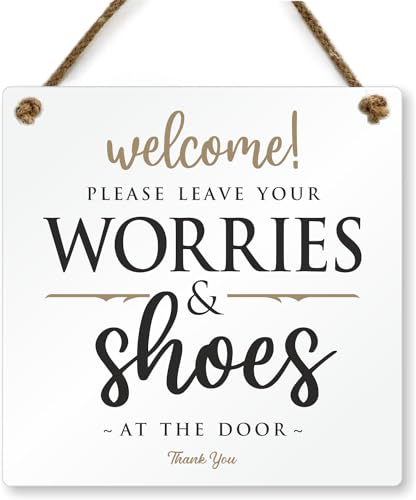 SmartSign Leave Your Worries & Shoes At The Door Sign for Airbnb - 6"x6", with string, Acrylic, Black/Gold/White