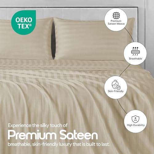 Image of LINENWALAS Cotton 300 Thread Count King Size Bedsheet Set | 2 cm Sateen Stripe Design | Cloud-Soft, Breathable & Skin-Safe | Oeko-TEX Certified Hotel-Style Bedding (108 x 108, Pearl)