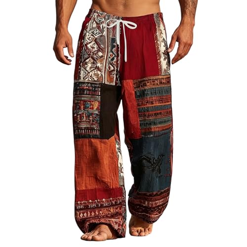 Men’s Boho Patchwork Printed Pants with Drawstring Waist, Relaxed Fit Casual Trousers Beach Vacation Breathable Slacks(Red,Large)