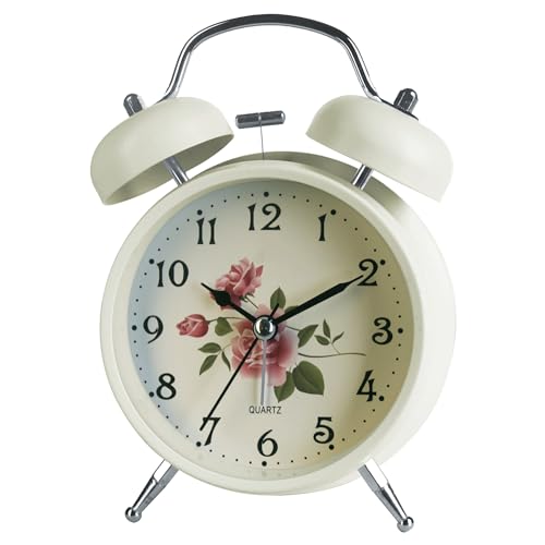 A5 Silent Non-Ticking Bedside Alarm Clock, 4 Metal Structure, Retro Vintage Design with Twin Bell, Perfect for Heavy Sleepers, Kids and Bedrooms. Analogue Quartz and Battery Operated (ROSE)