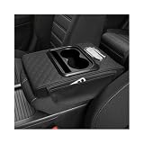 Gdnecad Car Center Console Armrest Pillow, 5-in-1 Armrest Cushion w/ 2 Side Bags, Tissue Box Slot, Cup & Phone Holder, Leather Auto Arm Rest Cover Storage Organizer (Black, Embroidered)
