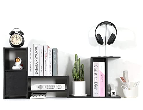 Giclain Desktop Shelf Adjustable Wood Small Bookshelf Office Supplies Desk Organizer And Accessories Display Rack With 2-Tier Small Drawer, Luxury Black #TOP5