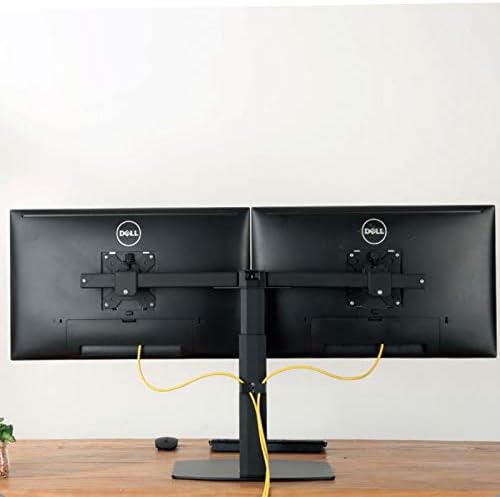 Posteriore view of two monitors mounted on the Ewent EW1538 desk mount, showing cable management