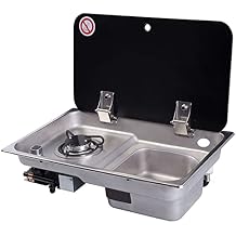 RV Stove Propane ، مغسلة في الهواء الطلق ومشط طبخ ، موقد طبخ غاز البترول المسال المحمول مع غطاء زجاجي مقسى ، موقد غاز مدمج مع حوض 304 من الفولاذ المقاوم للصدأ لقارب Caravan RV Picnics Camper