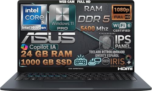 ASUS Ordenador Port&aacute;til, Intel Core i5 14&ordf; Gen 4.8Ghz, RAM 24GB DDR5, 1TB SSD PCIe, Pantalla 15.6" FHD IPS, WiFi 6E, Copilot IA, Webcam 1080p, Teclado Espa&ntilde;ol Retroiluminado, Huella Digital, Win11 Pro