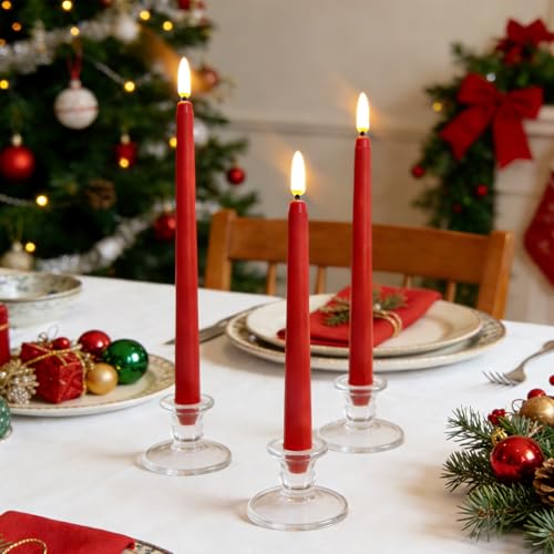 Image of Red Flameless Taper Candles with Remote, Flickering Battery LED Candlesticks Decor Set of 4