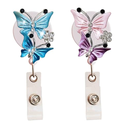 2 Pcs Bling Butterfly Retractable ID Badge Holder Nurse Badge Reels with Clip, 24 inch Retractable Cord, Name Card Holders for Office Worker Doctor Girls Women, Badge Holders（Blue+Pink）