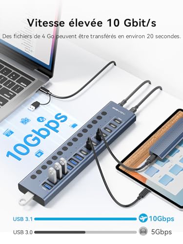 ACASIS Hub USB 3.2 16 Ports, 8X USB-A & 8X USB-C, Alimentation 96W, Alu – vue 4