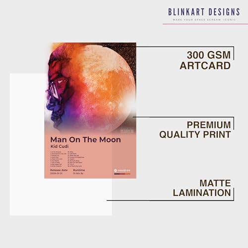 Image of BLINKART KidCudi- Man On The Moon Wall Photo Frames | Wall Art for Bedroom, Living Room, Studio or Office | Album Cover Print with Spotify Song Link QR Code | Gift for Fans - 8x12 In