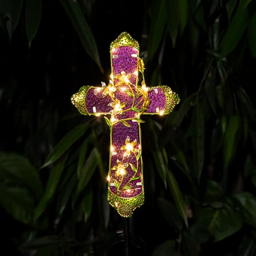 Quterhero Solar Cross Stake for Cemetery Grave, Memorial Grave Decoration with Flowers and LED Light, Outdoor Solar Cross for Lawn Garden Pathway Decor (Fuchsia)