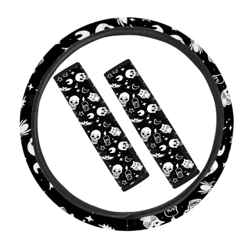 JOAIFO Black Steering Wheel Cover, Soft Steering Wheel Covers for Men Skulls Design, 3 Pack Sweat Absorption Car Seat Belt Covers Car Accessories Universal Fit Auto SUV Sedan Vans Trucks 15 inch