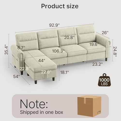 Gizoon 106 Inch Modular L-Shaped Sectional Sofa with Storage Ottoman, 4-Seat Linen Fabric Couch with Chaise, Memory Foam Cushion for Living Room - Thumbnail 2