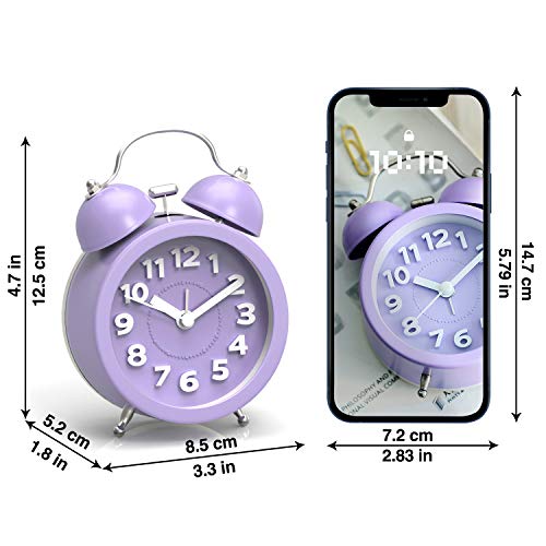 Pilife 3" Small Loud Alarm Clock For Heavy Sleepers, Twin Bell Alarm Clock Battery Operated, Analog Alarm Clock With Light For Bedroom,Purple #TOP3