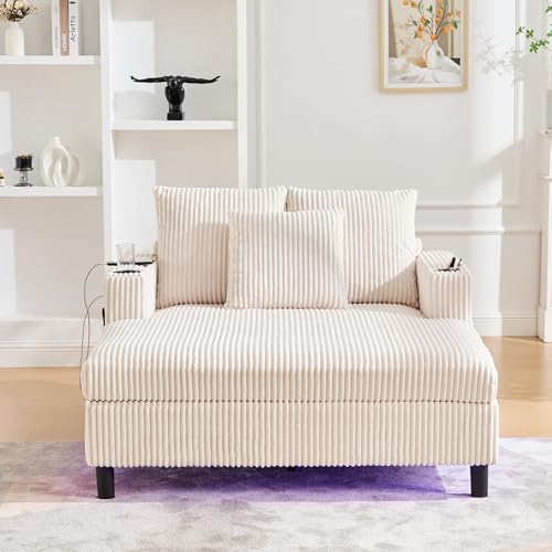Soweiz Sofa, weicher Chaiselongue-Liegesessel mit seitlichen Getränkehaltern, USB-Anschlüssen, integrierter LED-Ambiente-Beleuchtung – für Wohnzimmer, Schlafzimmer, 142x128x85cm (Beige)