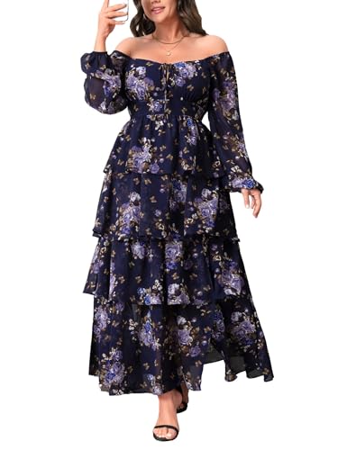Womens Plus Size Floral Tiered Ruffle Long Sleeve Evening Party Wedding Guest Dress