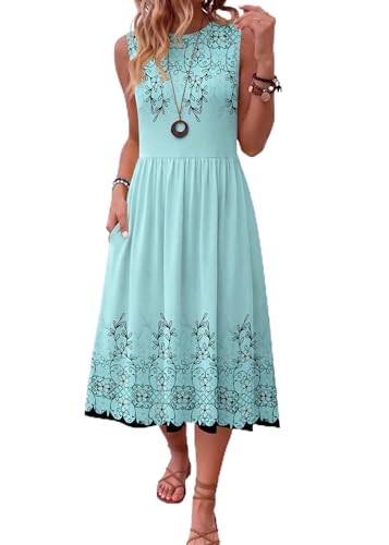 HOTOUCH Women's Cotton Dresses Sping Aline Midi Sundress with Pockets Cute Petite Floral Empire Waisted Stretchy Tiered Aline Flowy Shirt Dress Casual Summer Beach Sundress