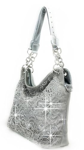 Laser Cut Rhinestone Purse Double Chain Handle Bling Purse Pewter2