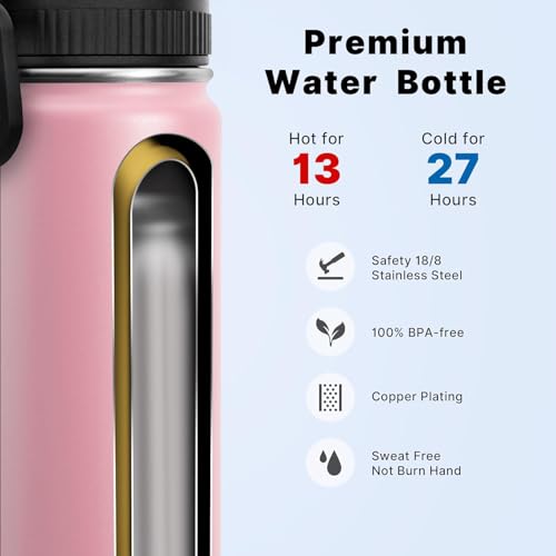 Image of koodee 16 oz Water Bottle Stainless Steel Double Wall Vacuum Insulated Water Bottle Wide Mouth Flask with Leakproof Straw Lid (Light Pink)