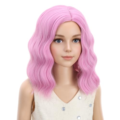 Image of PATTNIUM Kids Light Pink Wig Girls Short Wavy Pink Bob Wig Heat Resistant Synthetic Hair Wigs for Cosplay Party
