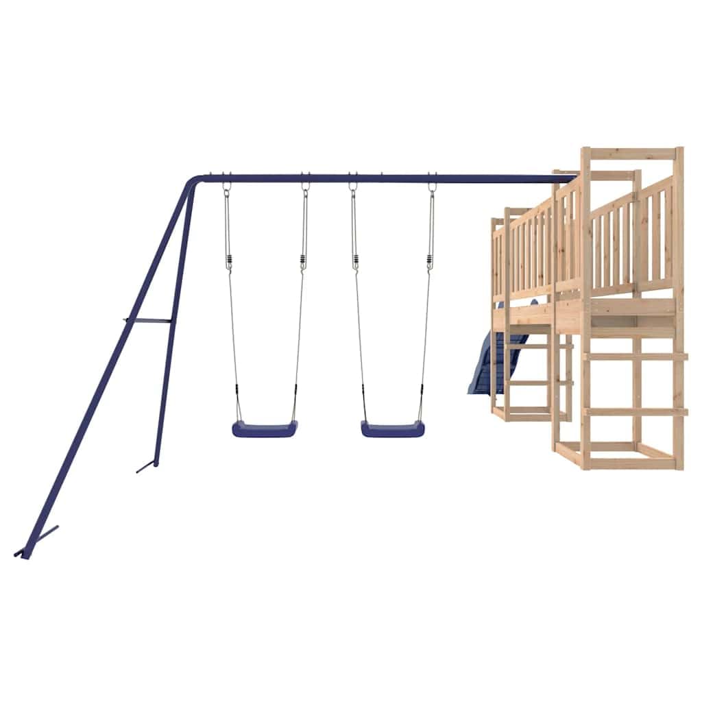 Spielturm Massivholz Kiefer mit Doppelschaukel, Wellenrutsche, Sandkasten und Klettergerüst, Outdoor Garten Spielhaus für Kinder, stabile Konstruktion, wetterfestes Holz