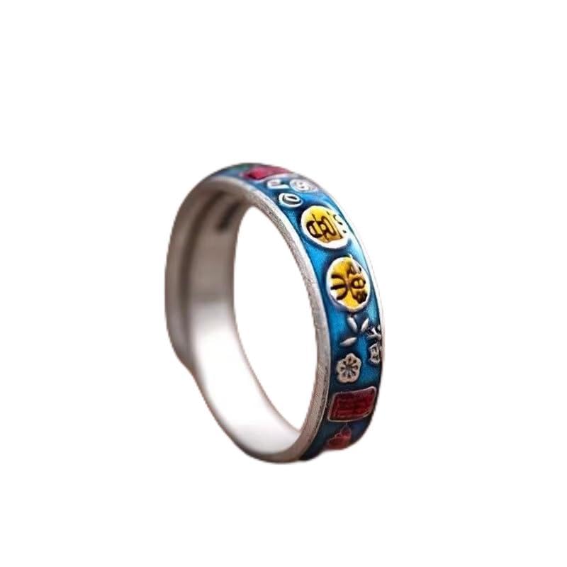 Mnyixsi Vintage Chinese Happy Ring - 925 Sterling Silver Gold Enamel Adjustable Stacking Ring