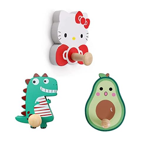 Self Adhesive Wooden Hooks Kids Coat Hooks Wall Hook Self-Adhesive Children Door Hook Children's Room Hooks in Dinosaur,Avocado and Cat Shape for Coat Hanger,Towel Hook,Scarf,Bag,Hat Rack(3pc) Cover