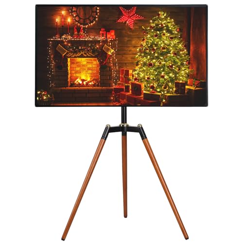 ETHU Tripod Easel TV Stand for 32-65 Inch Television Height Adjustable Swivel TV Floor Stand with Solid Beech Wood Legs VESA 400x400 Holds up to 40kg Corner TV Stand for Living Room