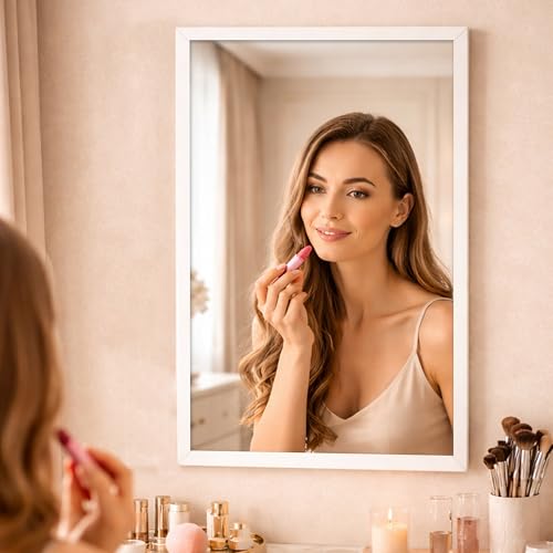 Image of Rousrie Premium Framed Glass Wall Mount Mirror, Decorative, for Bathroom, Bedroom, Living Room and Entryway, Wash Basin (14 by 20 Inch) (White)