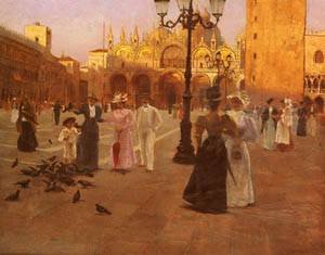 Peinture à l'huile Piazza San Marco Venise - Reproduction Romolo Tessari 20 x 24 Pouces