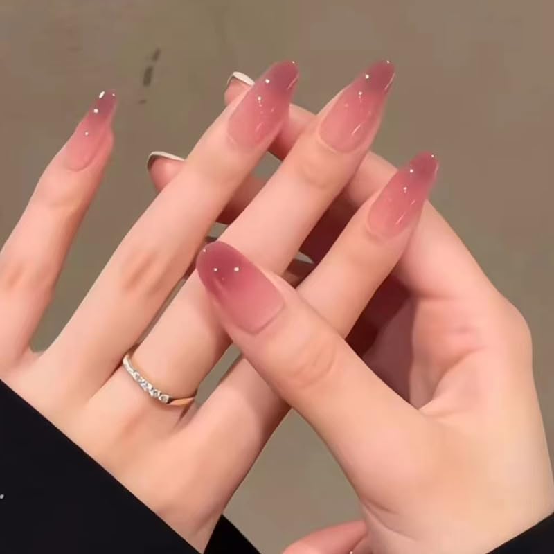Soft Rose Ombre Press-On Nails – Medium Almond - Natural Blush Pink Fade Fake Nails with Glossy Finish – Elegant Everyday Look, Durable & Reusable – 24 PC