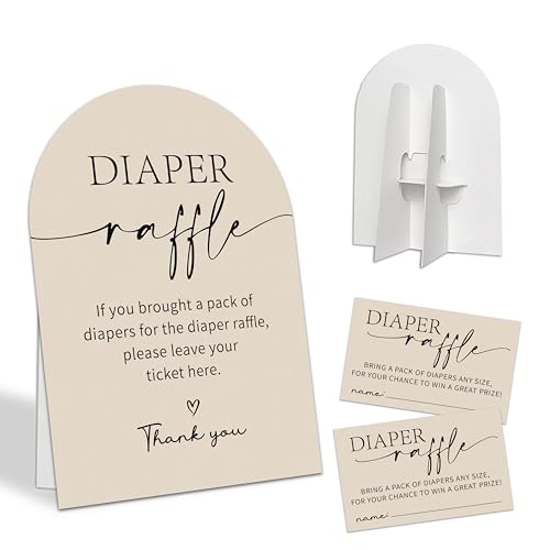 Diaper Raffle Tickets for Baby Shower - 7x10 Inch Khaki Arch Diaper Raffle Sign with 50 Cards - Baby Shower Decorations & Gender Reveal Party Game Set - A03