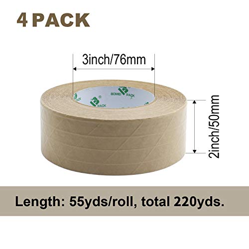 4Rolls Self Adhesive Reinforced Kraft Packing Paper Tape, 2Inch* 55Yds, Total 220Yds Gummed Tape For Heavy Duty Box Packing, Shipping, Moving And Storage, Bomei Pack #TOP2