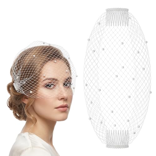 Mabor Pearl Birdcage Veil - White Mesh Fascinator with Hair Comb, Elegant Bridal Headpiece for Wedding Tea Party, Vintage 1920s Flapper Face Veils, 15.75" x 10.63"