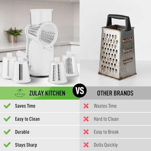 Image of Zulay Kitchen Rotary Cheese Grater 5 Blade Cheese Shredder - Manual Hand Crank Cheese Grater With Reinforced Suction & 5 Interchangeable Drums - Easy to Use, Vegetable Chopper Round Mandoline Slicer