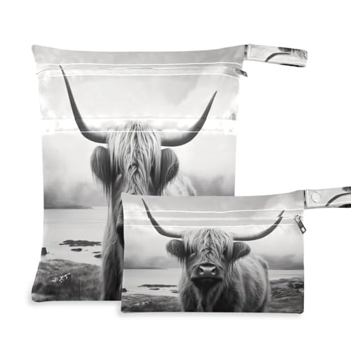 ATTX Funny Highland Cow Wet Dry Bags 2-Pack - Reusable Cloth Diaper Storage for Travel, Beach & Gym | Multi-Use Waterproof Bags for Swimsuits, Baby Clothes, Sports Gear#473