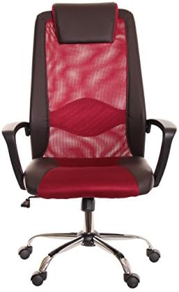 TimeOffice High Back Leather & Red Mesh Office Task Chair With Arms, Air Grid Dark Back Lumbar Support & Brown Leather Seat, Executive Ergonomic Computer Swivel Chair, PU Leather Headrest - Red/Brown