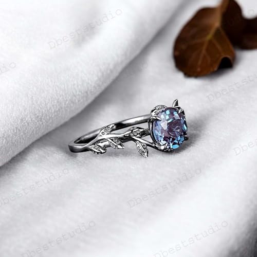 6MM Round Shape Purple Alexandrite Nature Inspired Leaf Ring Black Gold Plated Solitaire Minimalist Ring June Birthstone Women Fine Jewelry Promise Gift For Mother3