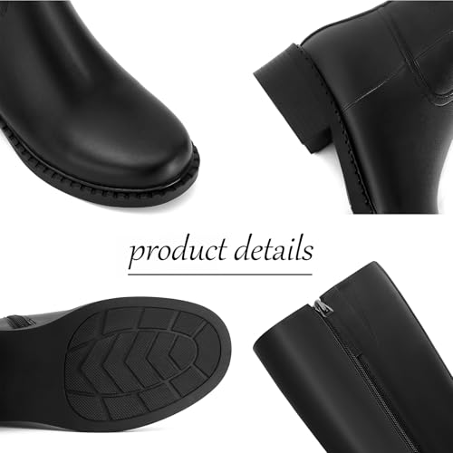 Dsevht Black Knee High Boots for Women Faux Leather Elastic Low Heel Round Square Toe Side Zipper Fall Long Tall Boot2