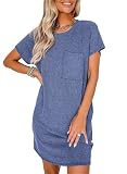 Picture of Acelitt Women Casual Summer Dress 2025 Fashion Crewneck Short Sleeve Trendy Loose Vacation Beach Ribbed Tunic Shift Tshirt Mini Dresses Blue XL