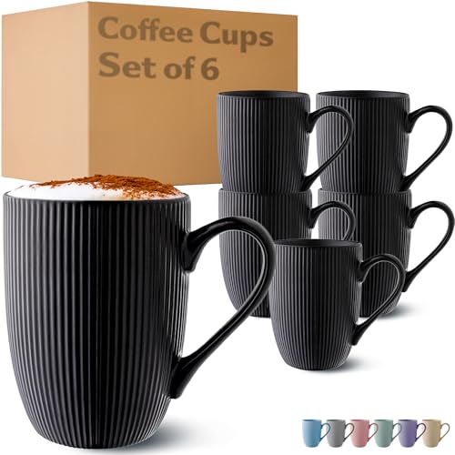 Image of Cosumy Coffee Cups Ceramic 350ml - 6 Coffee Mugs in Modern Black Striped Pattern - Insulated Matt Ceramic - Microwave Safe - Dishwasher Safe & Comfortable Handle