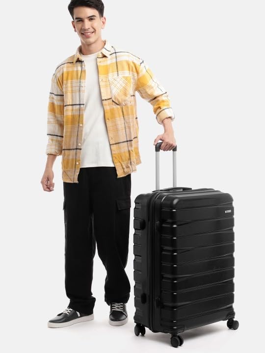 Image of Teakwood Large Check in Size 8 Wheels Trolley Bag, Hard Cabin with Zipper Closure, Adjustable Push Button & Cross Side Strap, TSA Lock System 360 Degree (Large Check in Size, Black)