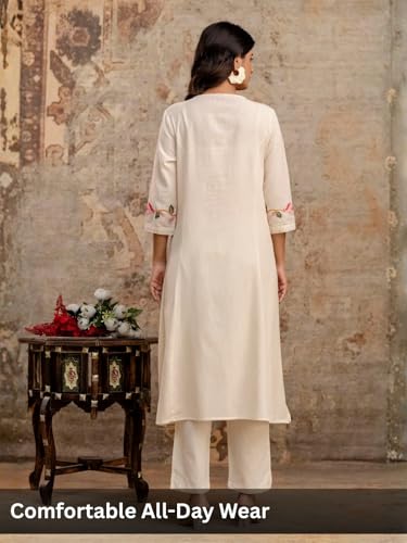 Image of Leriya Fashion Cotton Kurta Set for Women | Kurta Sets for Woman - Office Wear Kurti Set for Women Embroidery Kurti for Woman, Straight Kurtis Pant Set with 3 /4 Sleeve