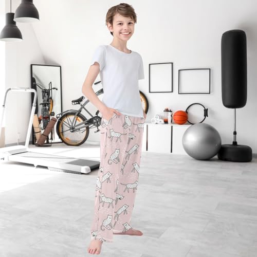 Boy's Pj Pants Adorable White Spot Cat Pink Lounge Bottoms Elastic Waist Kids Joggers with Pockets Size 6-14 6