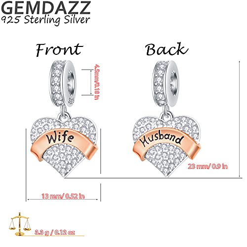 Wife And Husband Heart Pendant Charms Fits Pandora Valentines Day Bracelet, 925 Sterling Silver Wifey Dangle Cz Beads With Rose Gold Ribbon, Gift For Couple/Bride/Wedding Anniversary #TOP2
