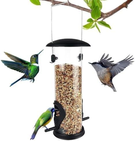 tube bird feeders for small birds that will transform your backyard 5 Metal Bird Feeder, Tube Bird Feeders for Outdoors Hanging, Heavy Duty Chew-Proof and Rust-Proof Tube Bird Feeder, Weatherproof & Steel Hanger, Attracting for Wild Birds (Black)
