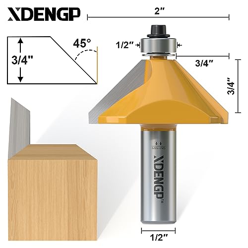 Image of 45 Degree Chamfer Router Bit with 3 /4 Inch Cutting Length,1 /2 Inch Shank Carbide Edge Forming Bevel Router Bit with Bearing, Chamfer Bit Miter Angle Milling Cutters Tool
