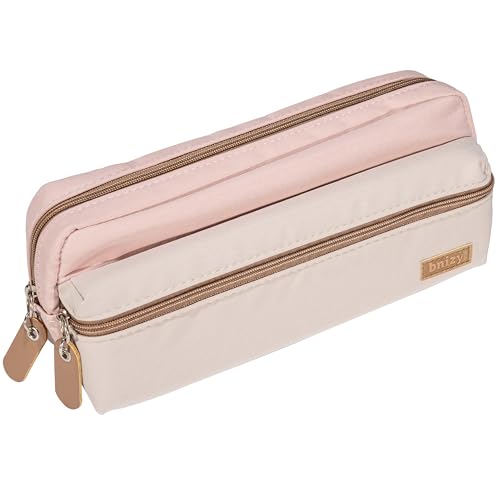 Image of Large Pencil Case, Pencil Pouch with Zipper Compartments, Aesthetic Pencil Case for Adults, Stationery Pouch Pen Case for Office (Pink&Beige)