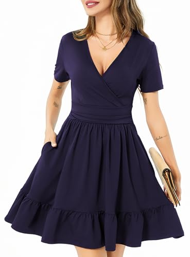 Image of Women's Fashion Summer Causal Short Sleeve Dress V Neck Beach Party Dresses with Pockets